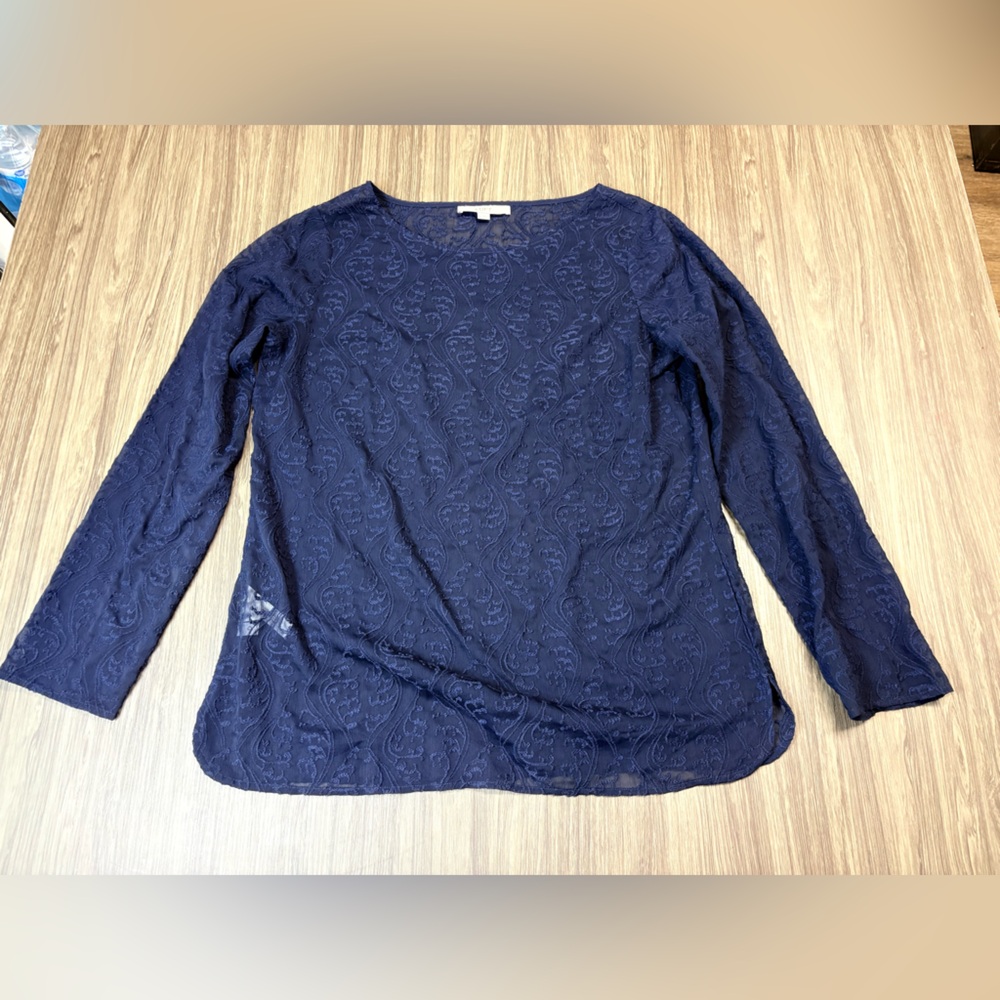 LOFT Navy Sheer Long Sleeve Blouse with Pattern Size Large